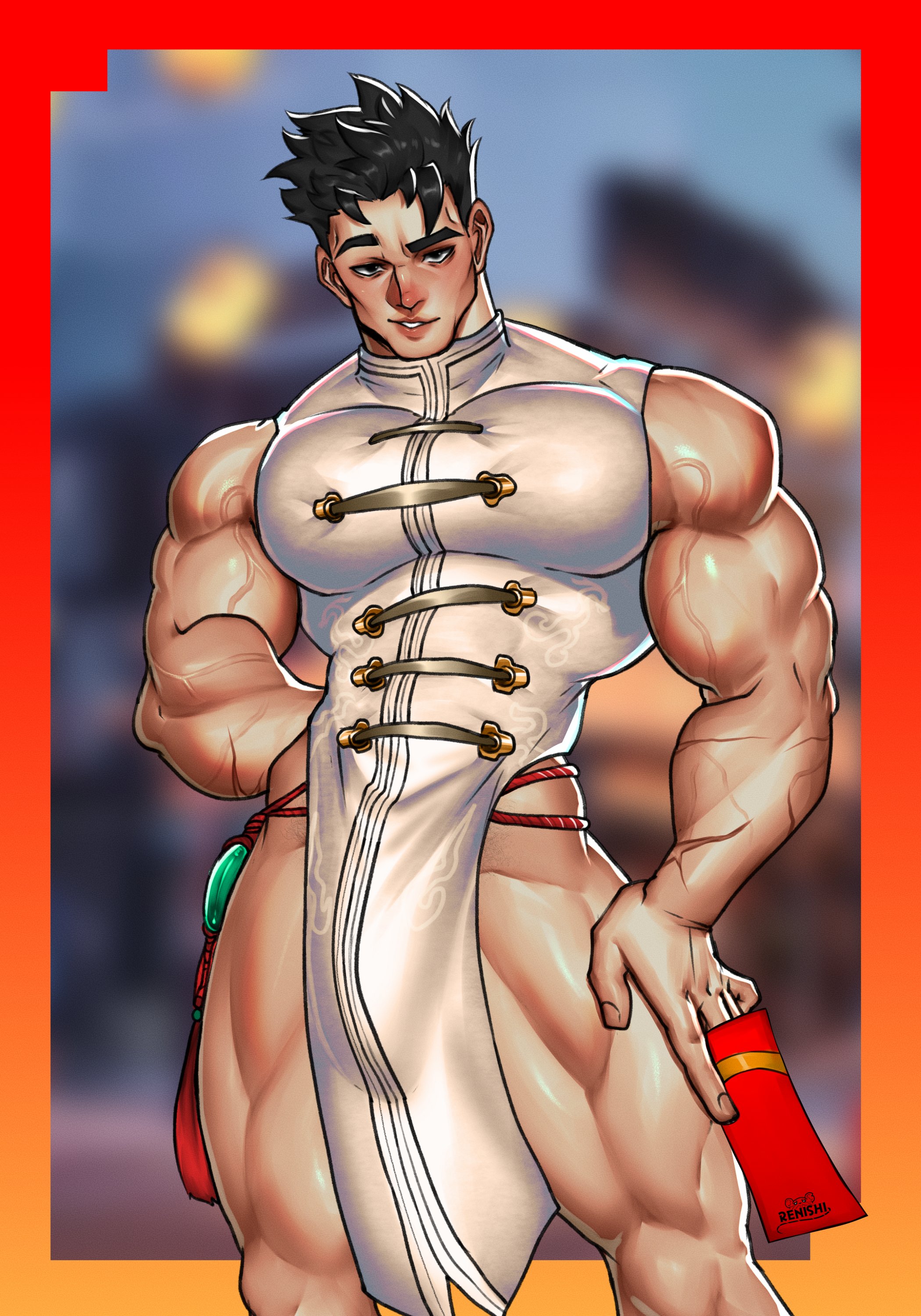 1boy, bara, biceps, black hair, blurry background, bulge, bulge through clothing, clothed, clothing, hi res, human only, iron fist, iron fist (lion's gaze), iron fist (marvel rivals), lin lie, looking at viewer, male, male focus, male only, marvel, marvel comics, marvel rivals, muscles, muscular, muscular arms, muscular male, muscular thighs, pecs, pectorals, renishi9, short hair, solo, solo male, standing, vein, veins, veiny arms, veiny muscles, yaoi