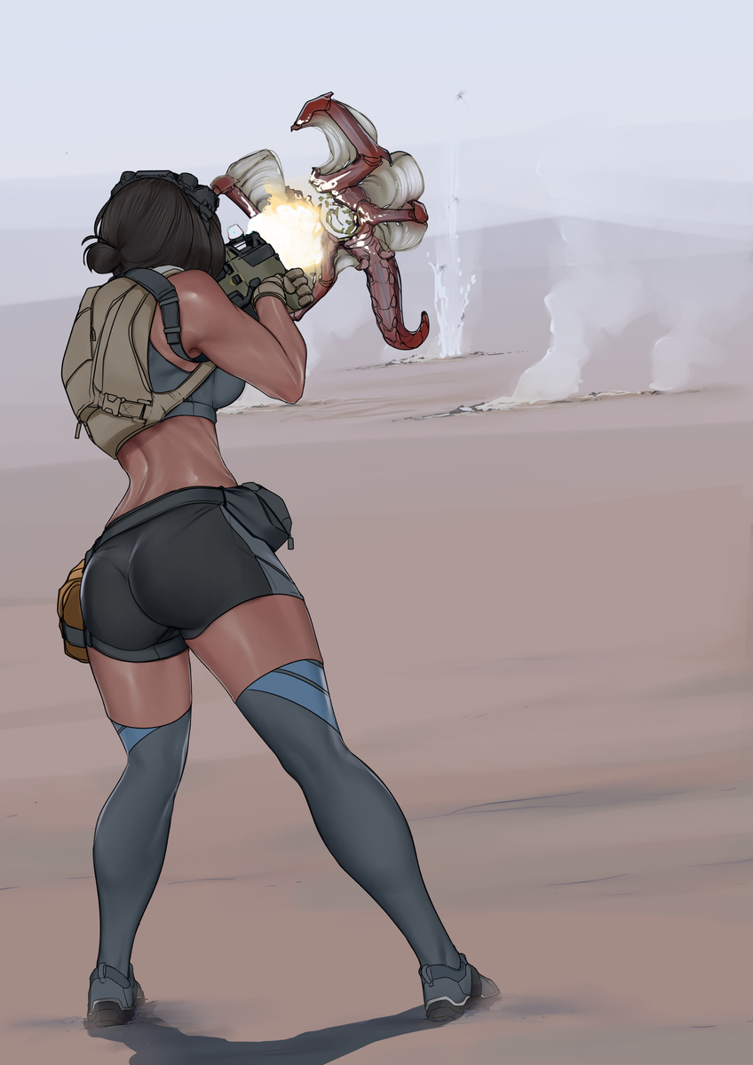 1female 2d backpack blue_eyes brown_hair bug clothed_female facehugger_like_creature female gloves gun killing light-skinned_female science_fiction shooting shorts thighhighs zerogravitas