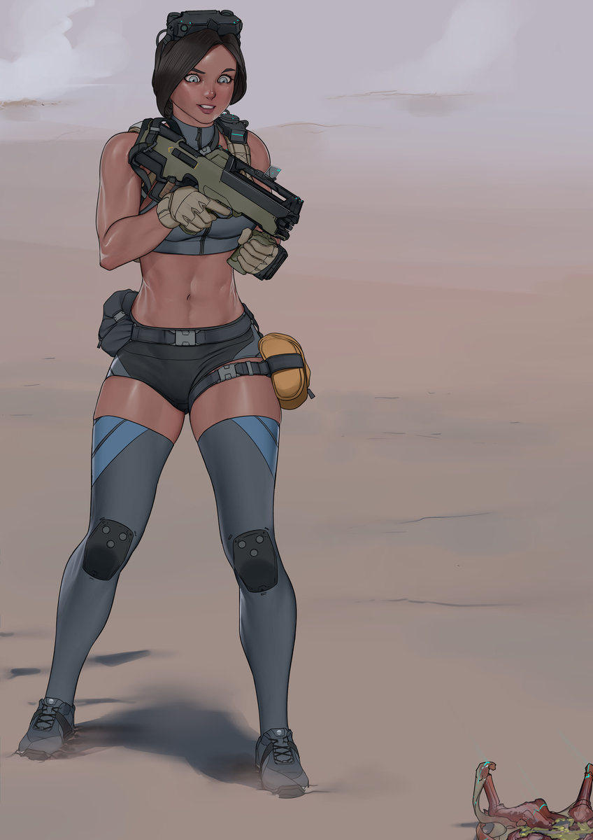 1female 2d abs backpack blue_eyes brown_hair bug clothed_female dead_insects facehugger_like_creature female gloves gun light-skinned_female science_fiction shorts smiling thighhighs toned_female zerogravitas