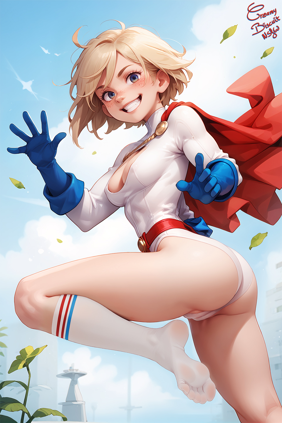 ai_assisted ass belt blonde_hair blue_eyes blue_gloves breasts cape cleavage_cutout clothing_cutout covered_nipples creamybiscuit feet freckles gloves grin kneehighs leotard no_shoes red_cape short_hair smile socks soles toes white_leotard