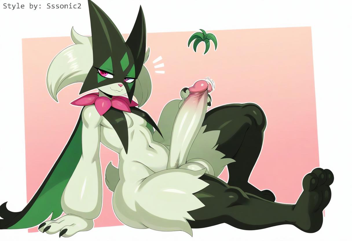 2022 absurd_res ai_generated anthro balls bedroom_eyes big_balls big_penis claws clothing digital_media_(artwork) erection feet foreskin fur generation_9_pokemon genitals girly glans green_body green_fur hellsonger hi_res huge_cock humanoid_genitalia humanoid_penis looking_at_viewer male mammal meowscarada narrowed_eyes navel nintendo pawpads paws penis pink_eyes plant pokemon pokemon_(species) pokemorph precum precum_drip presenting_penis seductive simple_background smile solo sssonic2 sssonic2_(style) thick_thighs toes