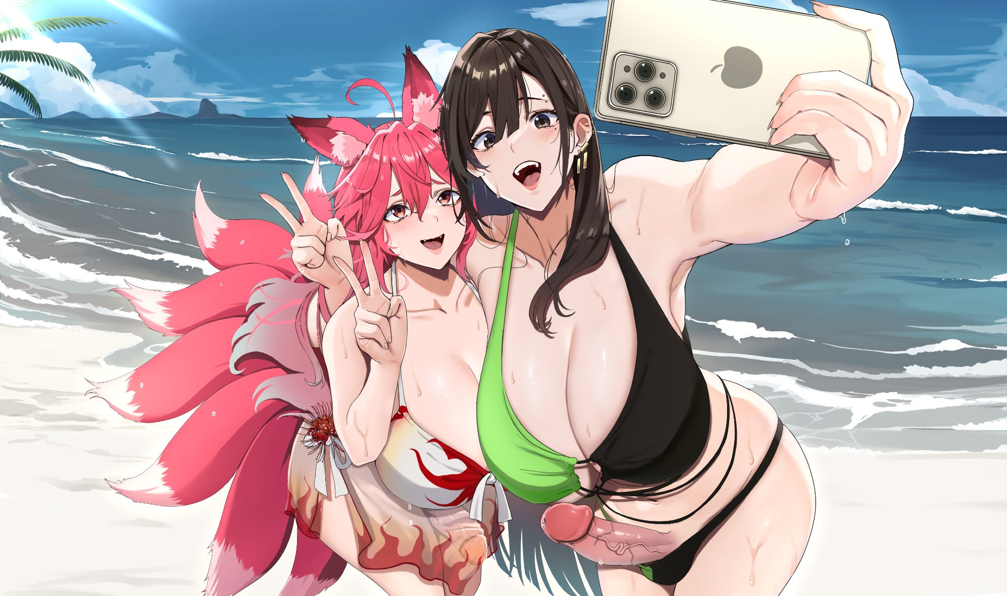 2futas, animal ears, balls, beach, breasts, character request, clothed, clothing, duo, erection, futa only, futanari, huge breasts, huge cock, human, humanoid, humanoid penis, intersex, kemonomimi, lewdlinly, light skin, light-skinned futa, mostly nude, niwada (unbeller), penis, phone, selfie, standing