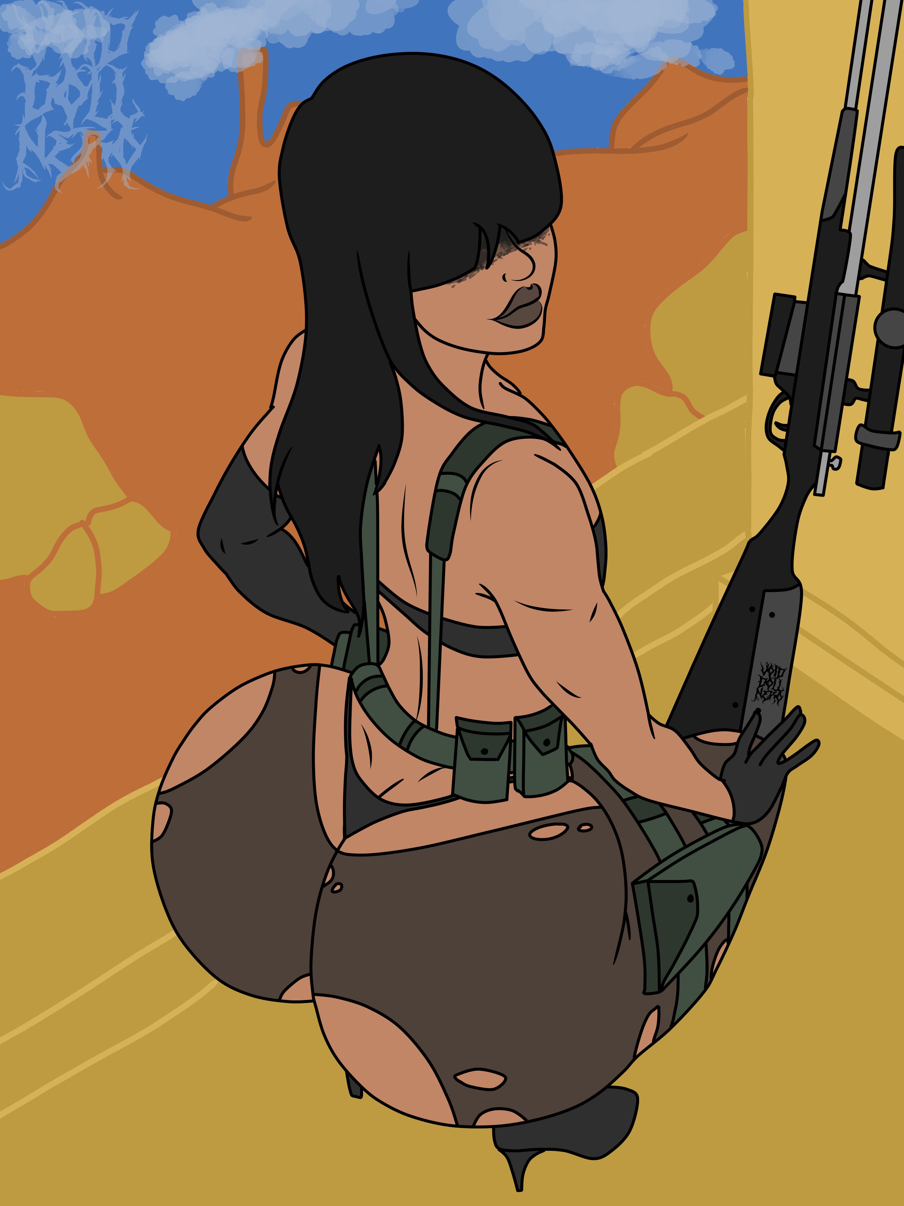 2d, ass, big ass, black hair, bubble ass, bubble butt, cosplay, dark male only, dark skin, dark-skinned femboy, femboy, lipstick, long hair, makeup, male, male only, metal gear solid, mex boy, pinup, pinup pose, quiet (metal gear) (cosplay), sissy, squatting, tagme, void doll nero, wide hips