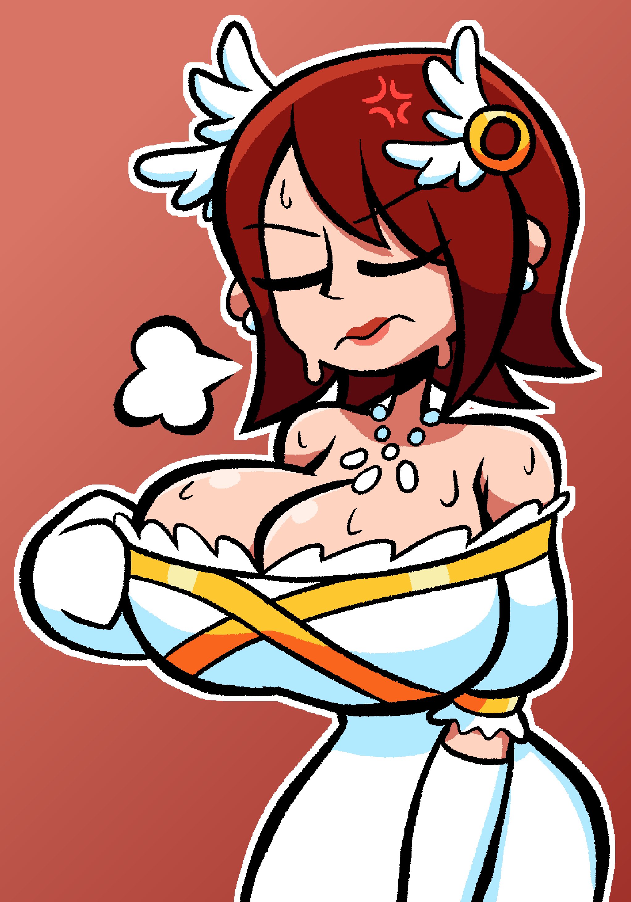 1girls, annoyed, annoyed expression, big breasts, breasts, cleavage, clothed, female, huge breasts, jaktroose, princess elise, red hair, solo, sonic (series), sonic the hedgehog (series), sweat, sweaty, thighs
