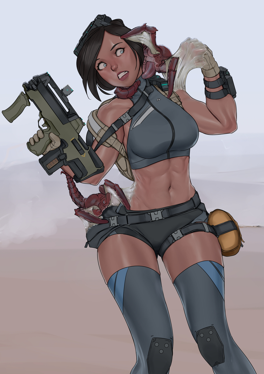 1female 2d aiming ambush backpack blue_eyes brown_hair bug clothed_female dissolving_clothes facehugger fear female gloves gun light-skinned_female science_fiction shorts silk sticky surprised thighhighs toned_female zerogravitas