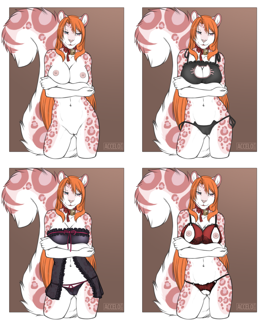 2016 accelo accelo_(character) anthro areola bell bra breasts cleavage clothed clothing collar crotchless_panties feline female hair leopard lingerie long_tail mammal nipples nude orange_hair panties pussy rule_63 underwear