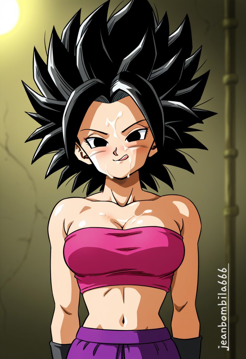 1girls, ai generated, bandeau, black hair, breasts, caulifla, cum, cum on face, dragon ball, dragon ball super, female, female focus, female only, jeanbombila666, long hair, long-haired female, navel, pants, pink bandeau, purple pants, solo, spiky hair