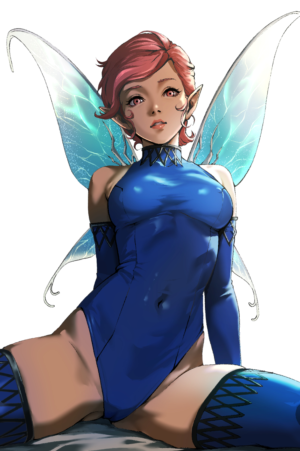 1girls, 2:3, 2020s, 2025, atlus, blue clothing, blue gloves, blue leotard, blue one-piece swimsuit, blue rubber, blue swimsuit, breasts, camel toe, cameltoe, clothing, curly hair, eyebrows, eyelashes, fairy, fairy only, fairy wings, female, female only, front view, glitter, gloves, hands behind back, humanoid, humanoid only, jpeg, legs apart, leotard, long ears, long gloves, macossa, megami tensei, navel line, nipple bulge, one-piece swimsuit, open eyes, pink eyebrows, pink eyes, pink hair, pixie (megami tensei), pointy ears, posing, pussy, rubber, rubber clothing, shin megami tensei, shiny clothes, sitting, solo, spread legs, swimsuit, tight clothing, wings