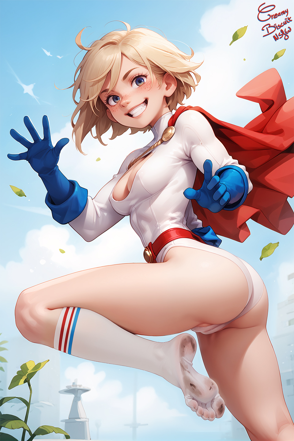 ai_assisted ass belt blonde_hair blue_eyes blue_gloves breasts cape cleavage_cutout clothing_cutout covered_nipples creamybiscuit dirty feet freckles gloves grin leaf leotard red_cape short_hair smile socks soles superhero toes