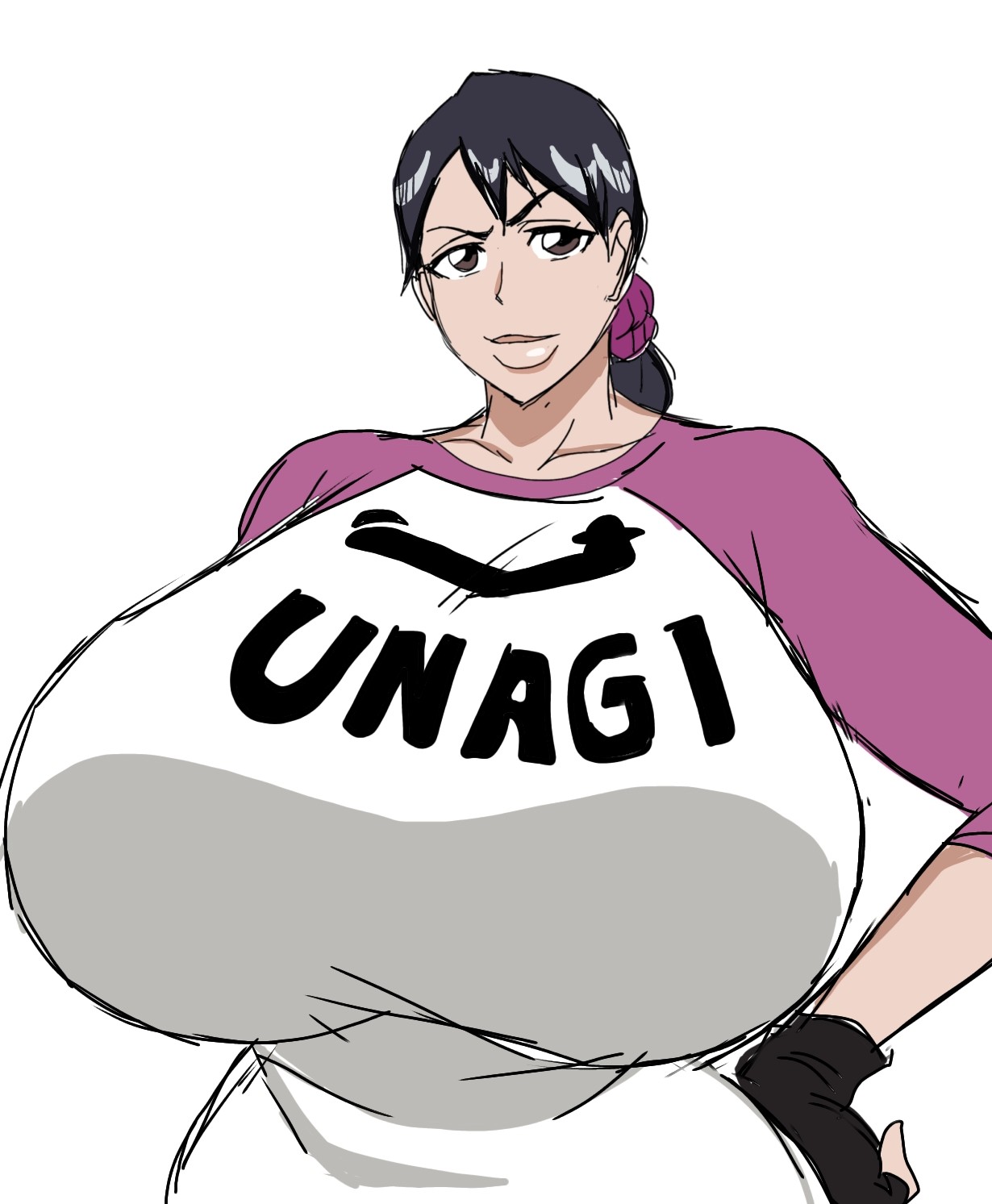 1girls, 2d, 2d (artwork), 2d artwork, alternate body type, alternate breast size, big breasts, black hair, black-haired female, bleach, breasts, breasts bigger than head, brown eyes, brown-eyed female, busty, busty female, clothed, clothed female, clothing, curvy, curvy body, curvy figure, digital drawing (artwork), digital media (artwork), female, female focus, female only, feminine, feminine body, fingerless gloves, hand on hip, huge breasts, ikumi unagiya, japanese, japanese female, kissable lips, large breasts, light skin, light-skinned female, lips, mature, mature female, milf, momiji (artist), proud, shiny hair, simple background, solo, tits bigger than head, unagiya ikumi, white background, woman focus, woman only, woman solo, words