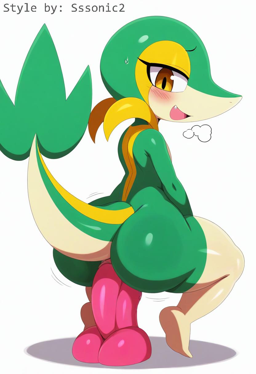 ai_generated anal anal_masturbation anal_sex anthro ass big_butt blush bodily_fluids breath clothing crouching dildo dildo_in_ass dildo_insertion dildo_sitting english_text female generation_5_pokemon genitals green_body hellsonger hi_res looking_at_viewer looking_back masturbation motion_lines nintendo open_mouth penetration reptile scalie sex_toy sex_toy_in_ass sex_toy_insertion simple_background smile snivy solo sweat text toying_self white_background yellow_eyes