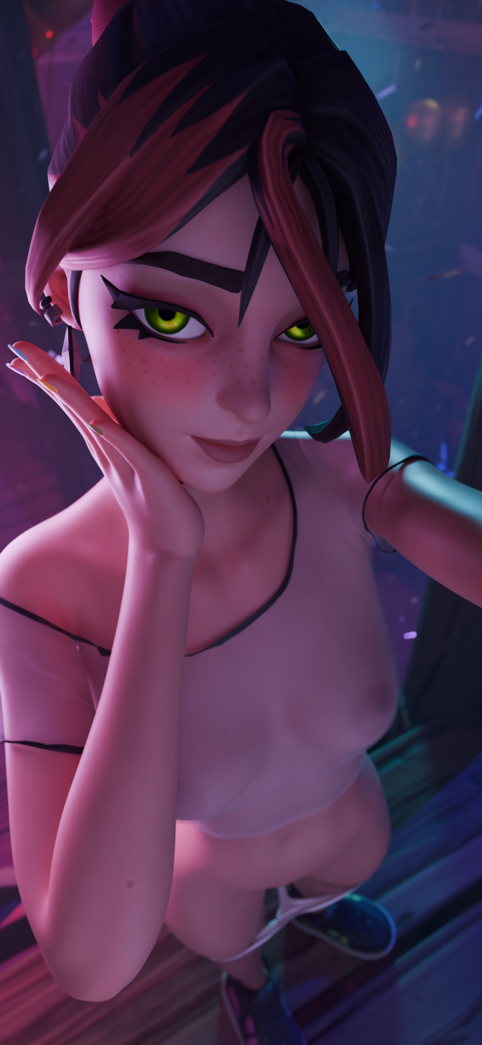 1girls 3d blush blush ear_piercing earring epic_games female female female_only fortnite fortnite:_battle_royale freckles freckles_on_face green_eyes hand_on_face helsie_(fortnite) light-skinned_female light_skin looking_at_viewer multicolored_hair nipples_visible_through_clothing painted_nails panties_around_leg panties_down partially_clothed ponytail see-through_clothing selfie shoes solo solo_female standing tagme tm04