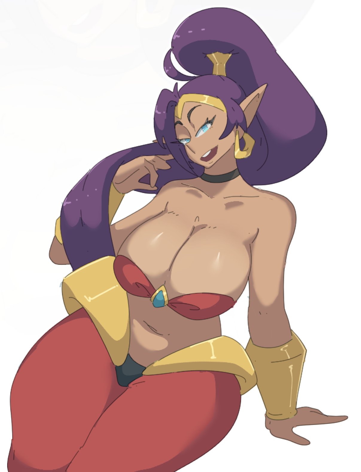 big_breasts breasts brown_body brown_skin hips leedraw11 mature mature_female purple_hair shantae shantae_(character) twirling_hair voluptuous voluptuous_female wide_hips