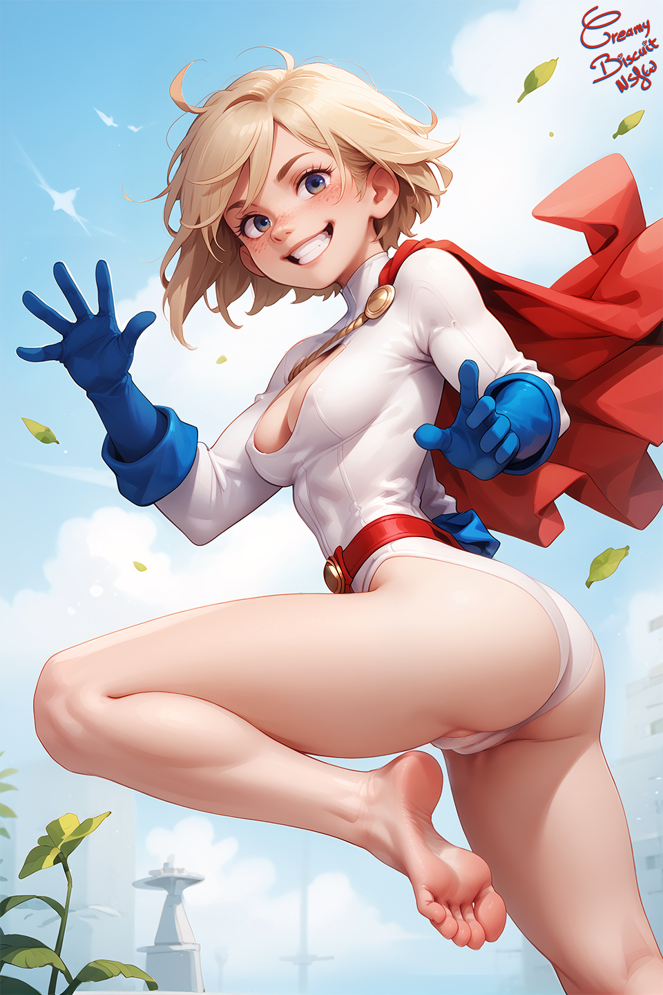 ai_assisted ai_generated ass bare_legs barefoot belt blonde_hair blue_eyes blue_gloves breasts cape cleavage_cutout clothing_cutout covered_nipples creamybiscuit feet freckles gloves grin leaf leotard red_cape short_hair smile soles superhero toes