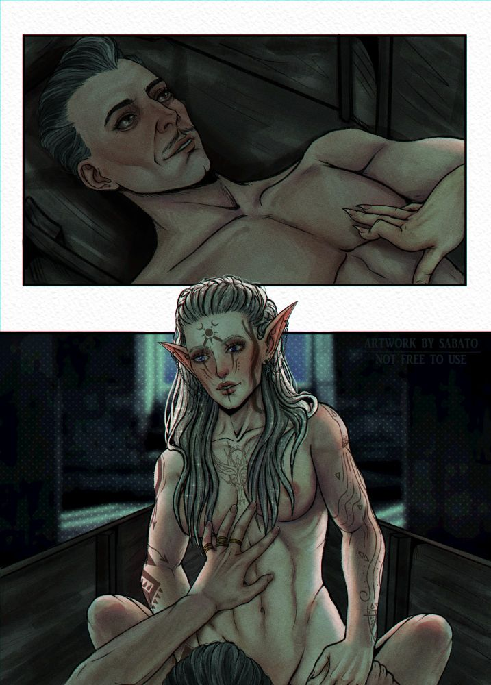 1boy1girl coffin coffin_sex comic dragon_age dragon_age_the_veilguard emmrich_volkarin face_tattoo female implied_sex male no_visible_genitalia rook_(dragon_age) sabatoart straddling tattoos