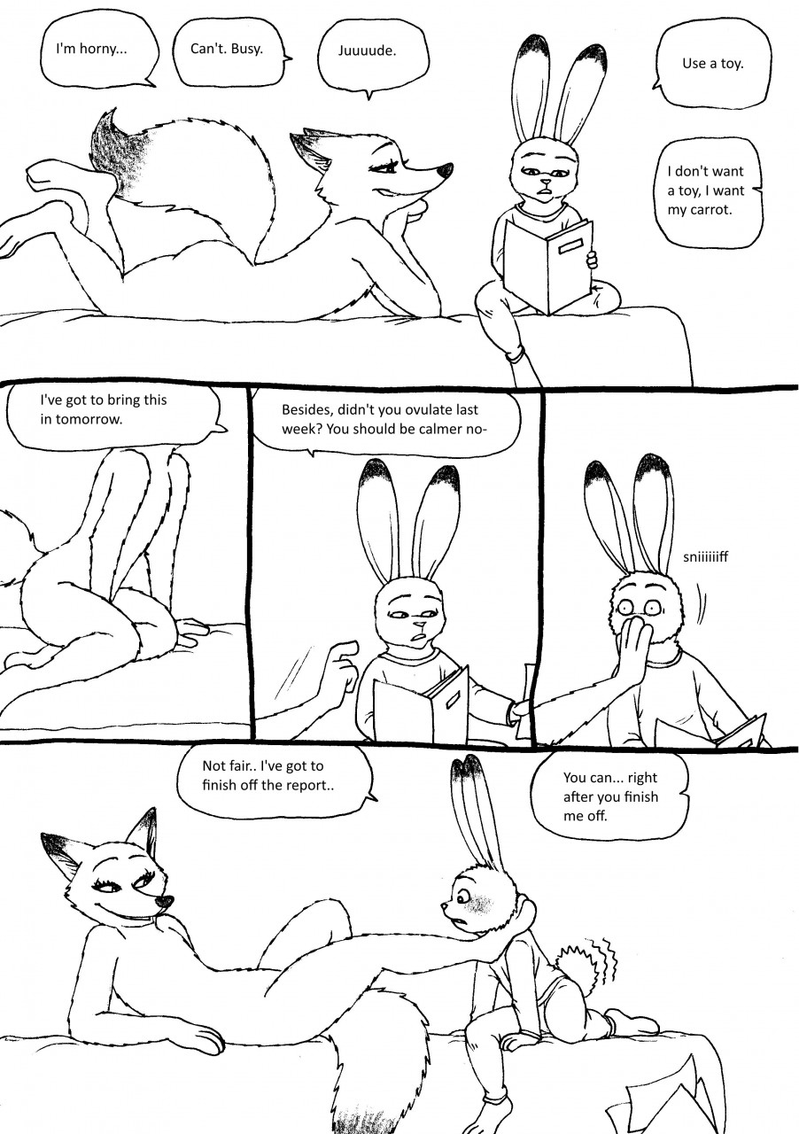 anthro bed bernielover black_and_white canine clothing comic disney female flat_chest fox fur judy_hopps lagomorph lying male mammal monochrome nick_wilde nude on_bed paper paws pussy rabbit rule_63 simple_background size_difference smile speech_bubble text white_background zootopia