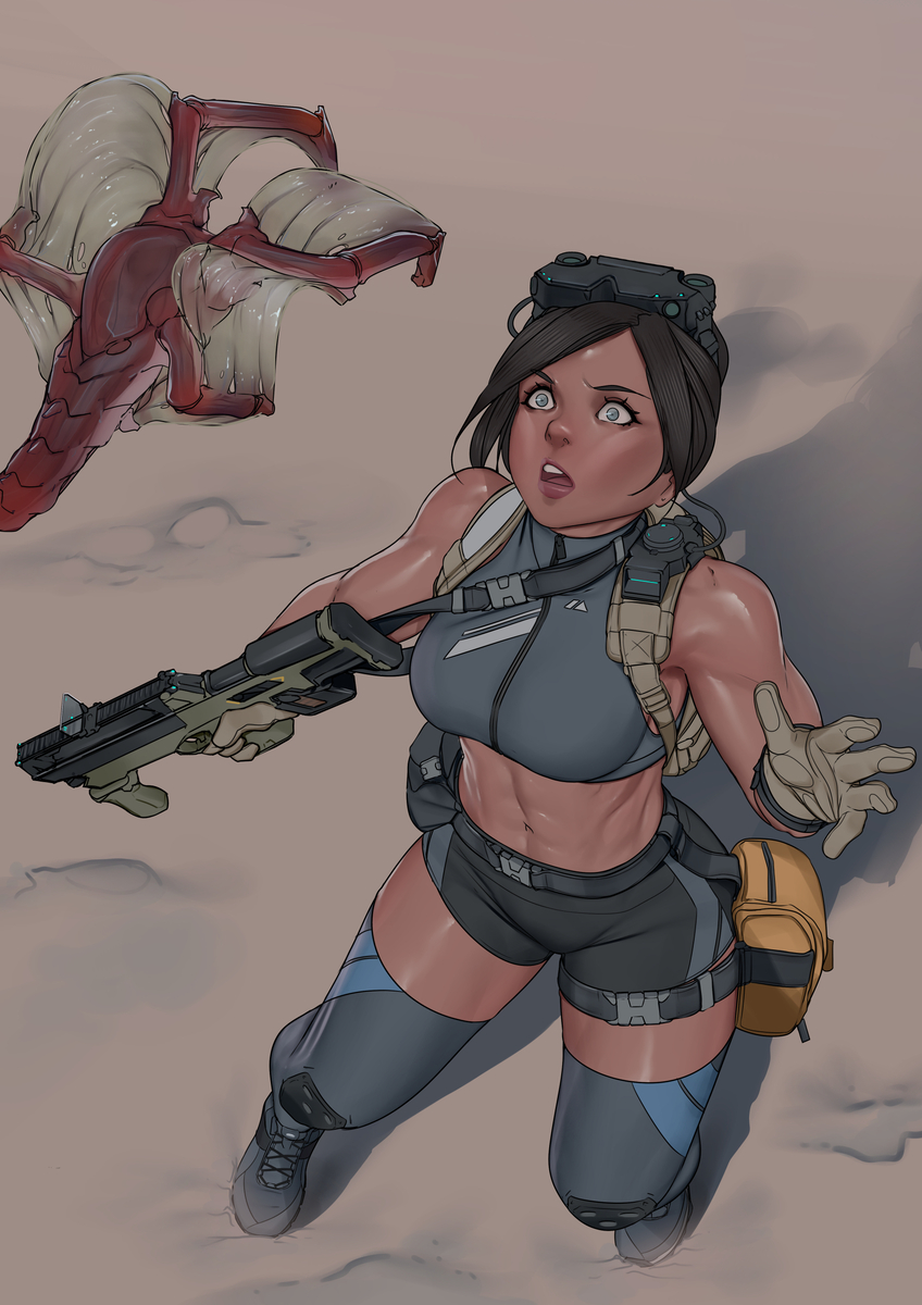 1female 2d backpack blue_eyes brown_hair bug clothed_female facehugger female gloves gun light-skinned_female science_fiction surprised