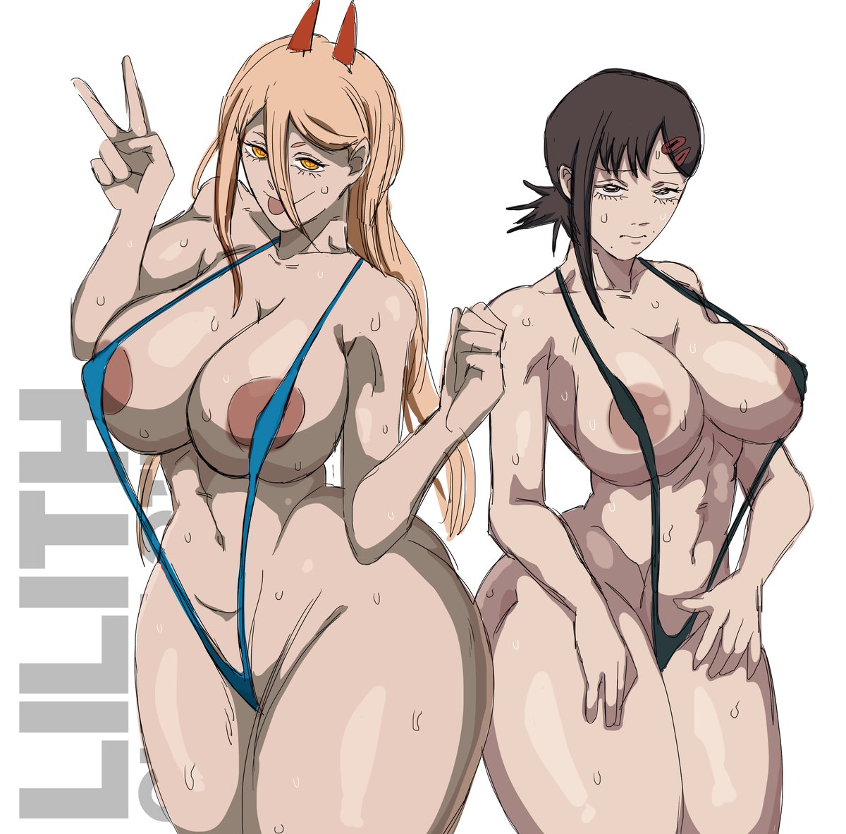 2girls asian_female big_ass big_breasts big_butt big_thighs bikini blonde_hair brown_hair chainsaw_man curvy curvy_figure dat_ass demon demon_girl dubious_consent higashiyama_kobeni human lilithcharlott2 one-piece_swimsuit pleasure_face power_(chainsaw_man) prostitution sweat sweating uncomfortable voluptuous voluptuous_female white_background young_adult young_woman younger_female