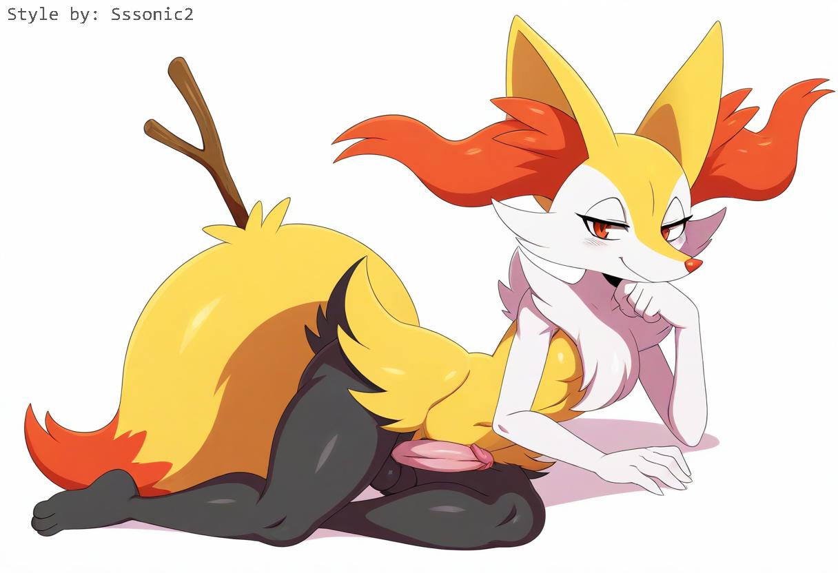 ai_generated anthro arm_support balls bedroom_eyes black_body black_fur blush braixen canid canine chest_tuft digital_media_(artwork) erection feet fur generation_6_pokemon genitals girly half-closed_eyes hellsonger hi_res humanoid_genitalia humanoid_penis inner_ear_fluff looking_at_viewer lying male mammal multicolored_body multicolored_fur narrowed_eyes navel nintendo nude on_side penis pokemon pokemon_(species) red_eyes seductive simple_background smile solo stick toes tuft white_background white_body white_fur wide_hips yellow_body yellow_fur