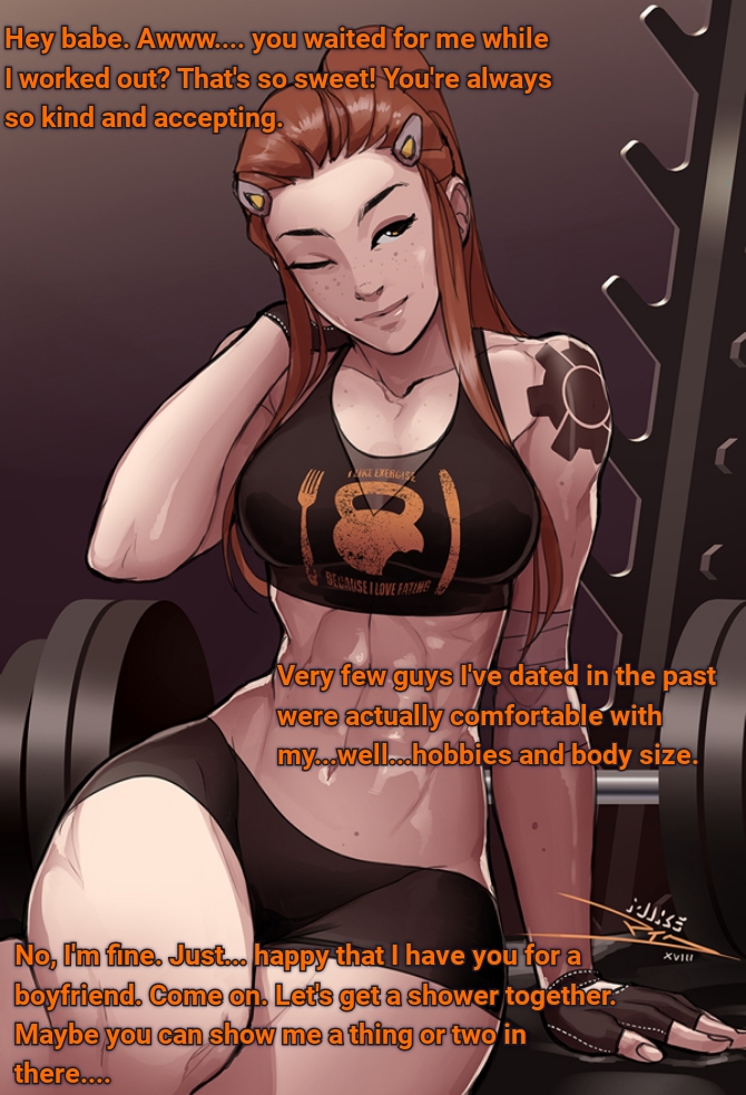 1girls 2d abs blizzard_entertainment bra brigitte brigitte_lindholm caption clothed english_text female female_only fit freckles girlfriend hourglass_figure imminent_sex implied_sex medium_breasts muscles muscular muscular_female overwatch shorts solo talking_to_viewer tattoo toned vashito vashperado wholesome