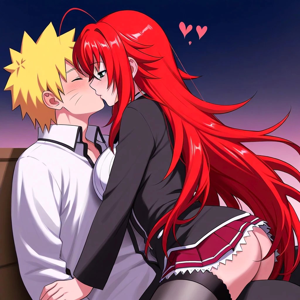 1boy1girl ai_generated anime ass babe beautiful blonde_hair breast_press casual_clothes crossover crossover_shipping demon_girl drawing el_poeta female_on_top heart hetero high_school_dxd high_school_student imminent_sex kissing large_breasts love naruto naruto_kiss_rias naruto_shippuden ninja redhead_female rias_gremory school_uniform schoolgirl sexy skirt skirt_up stockings straddling uzumaki_naruto