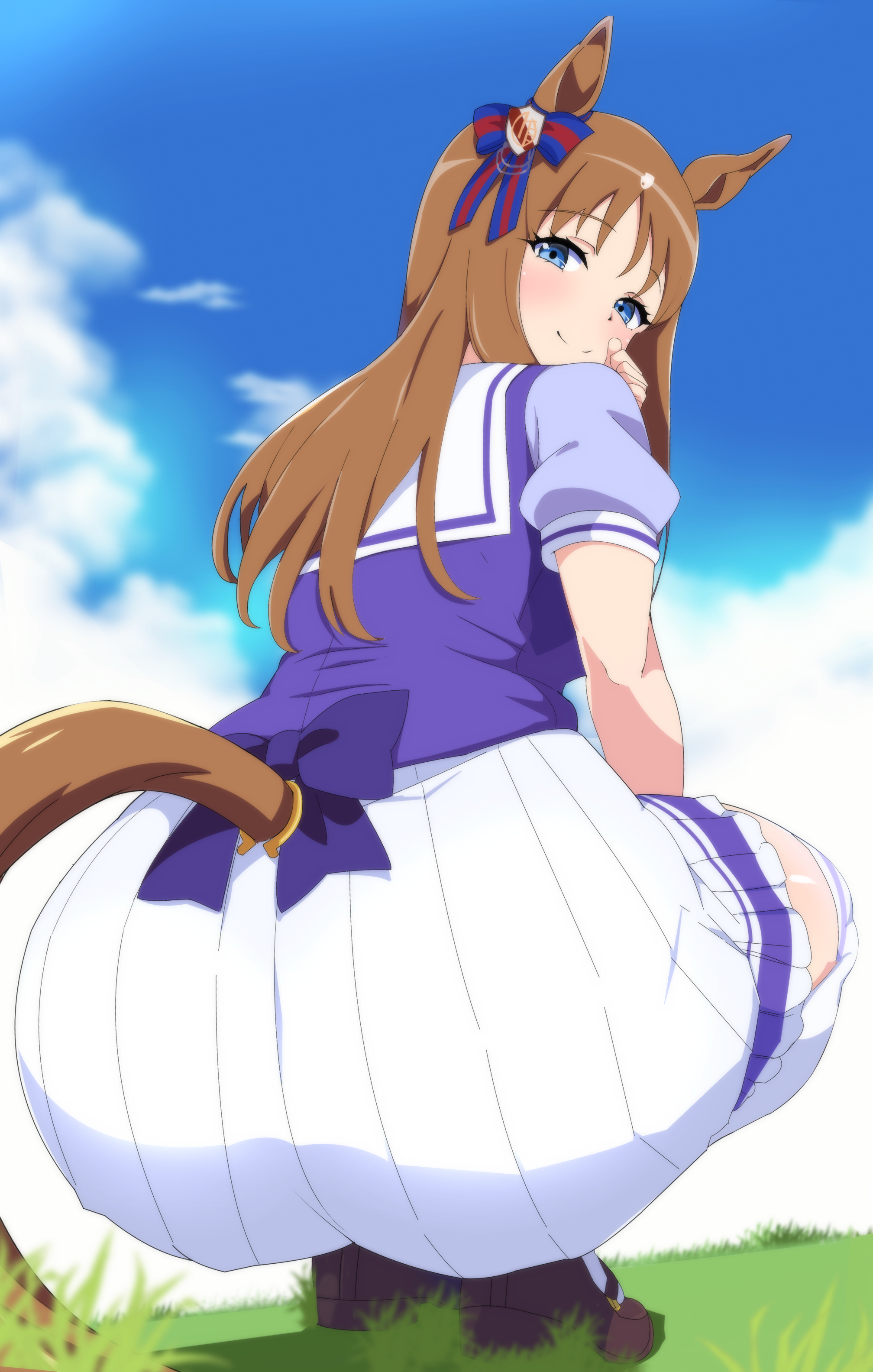 absurdres, animal ears, ass, blush, breasts, brown hair, closed mouth, cloud, commentary request, female, grass, grass wonder (umamusume), hair ornament, highres, horse ears, horse girl, horse tail, huge ass, looking at viewer, medium breasts, school uniform, sitting, sky, smile, solo, tail, tracen school uniform, umamusume, user evxa5753