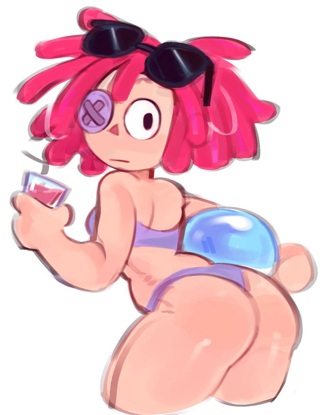 ass, ass focus, bare shoulders, bikini, female, female only, glasses, holding object, looking back, one eye, ragatha (beach outfit), ragatha (the amazing digital circus), red hair, short hair, sleepy conito, small breasts, solo, tagme, the amazing digital circus, thick thighs, viewed from behind, voluptuous, wide hips