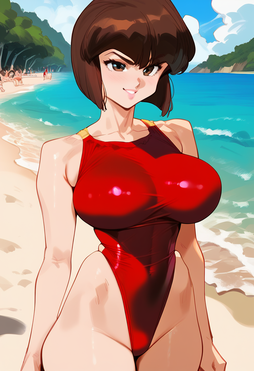 2d ai_generated beach big_breasts bob_cut brown_hair day female female_focus female_only highleg nabiki_tendo outdoors ranma_1/2 solo solo_female solo_focus swimsuit tagme