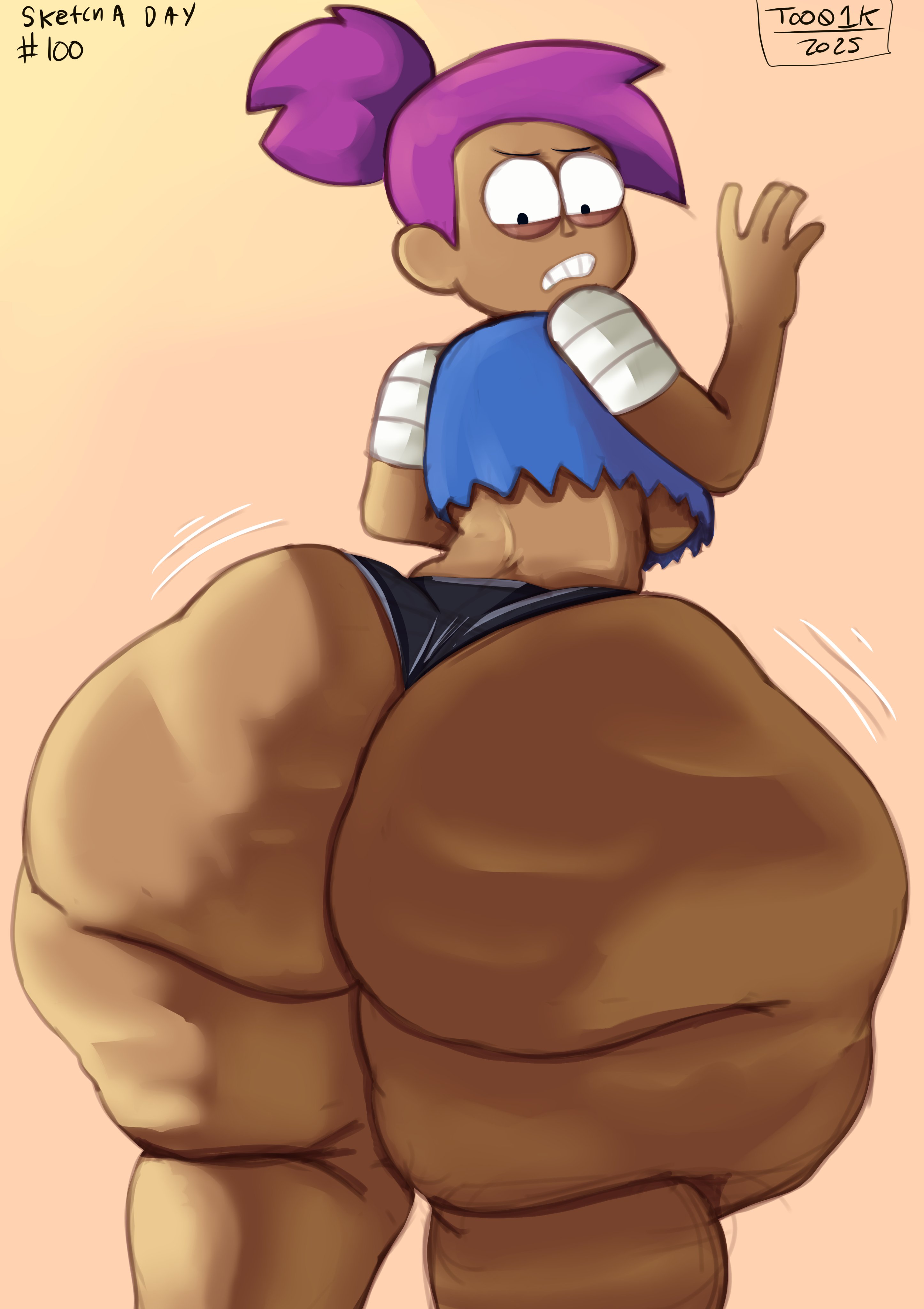 1girls, ass, big ass, bottom heavy, breasts, bubble ass, bubble butt, cellulite, dark skin, dark-skinned female, enid, fat ass, female, female only, gluteal fold, huge ass, large ass, looking at viewer, looking back, massive ass, no bra, ok k.o.! let's be heroes, panties, purple hair, shirt, solo, thick ass, thick thighs, thunder thighs, tool01k, underboob, wide hips