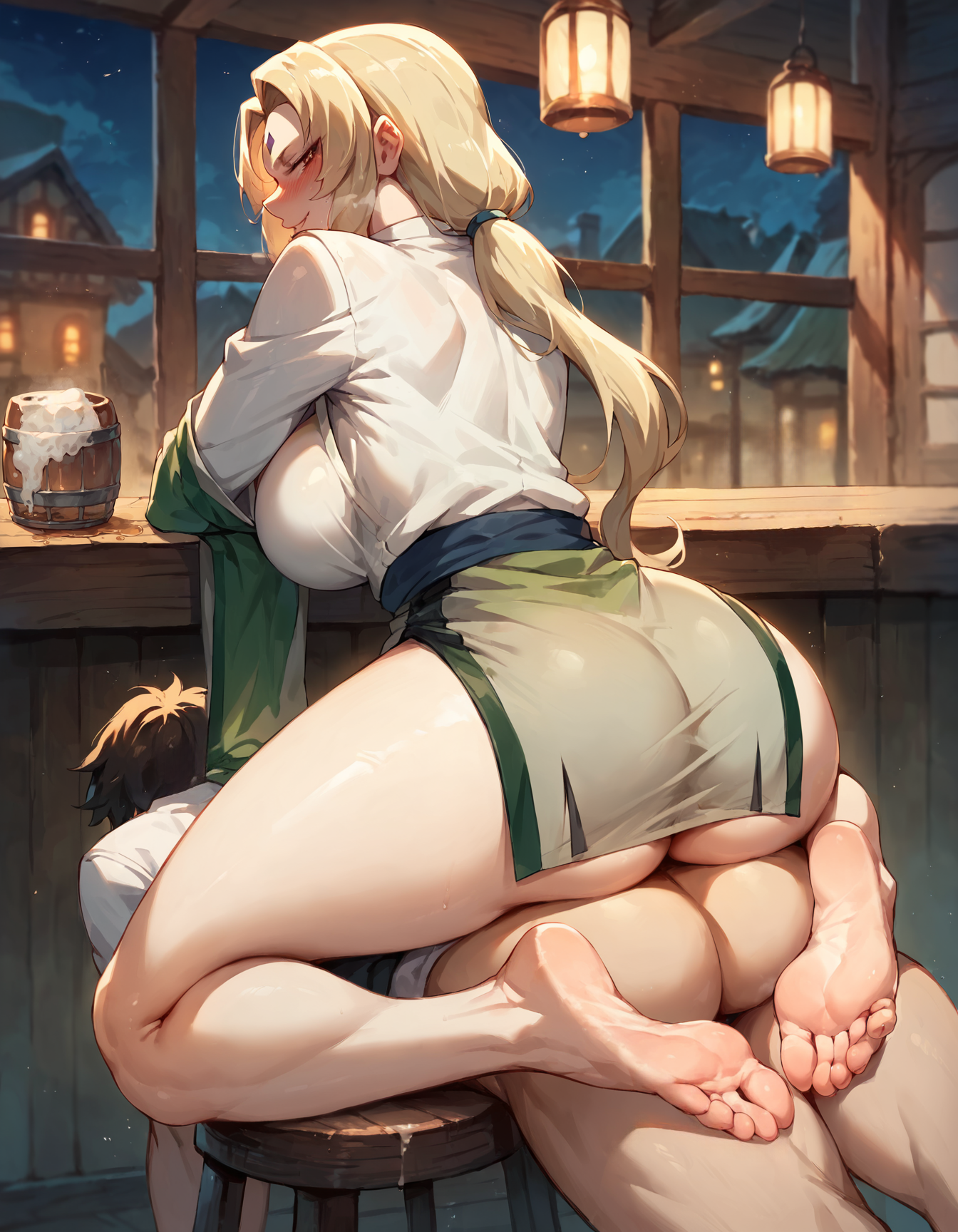 1boy, 1girls, ai generated, alcohol, ass, ass focus, beer, bubble butt, busty, clothed, clothed female, dominant, dominant female, drunk, female, femdom, foot fetish, human chair, humiliated, humiliation, looking at viewer, male, naruto, naruto (series), rtxfus, rtxfus34, sitting, sitting on another, sitting on person, smile, submissive male, tavern, toes, tsunade