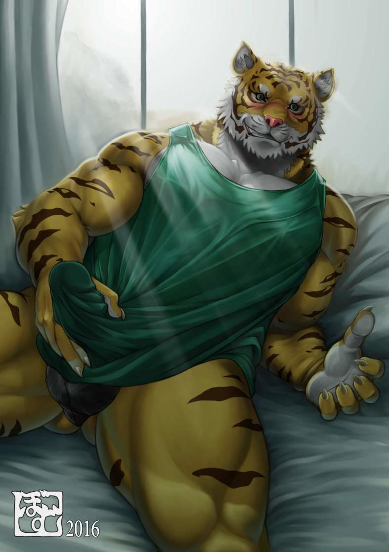 anthro blush bomb_(artist) clothed clothing erection erection_under_clothes feline looking_at_viewer male male_only mammal muscular solo tiger