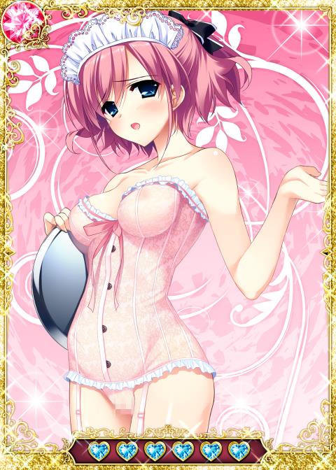 black_ribbon blue_eyes card_(medium) censored collarbone female garter_straps grisaia_(series) grisaia_no_kajitsu hair_ribbon komine_sachi lingerie maid maid_headdress medium_breasts mosaic_censoring nipples pink_hair pussy ribbon short_hair solo underwear