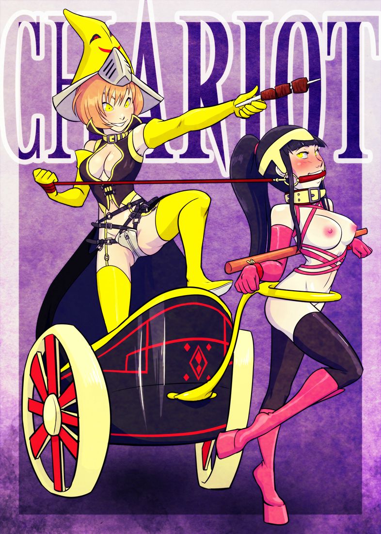 2girls amagi_yukiko bdsm bit_gag blush bondage chariot dominatrix femdom femsub gag horse_costume human_horse leash multiple_girls my_pet_tentacle_monster nipples persona persona_4 petgirl petplay pony_girl ponygirl ponyplay satonaka_chie shadow_(persona) shadow_chie shadow_self_(persona) shadow_yukiko slave smile tarot tarot_card the_chariot_(tarot) yuri