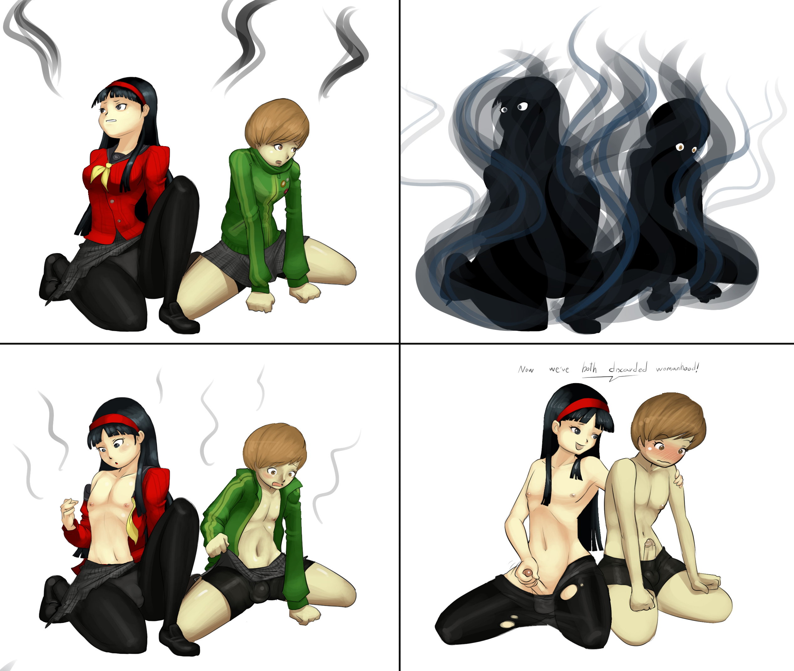 2boys, 2girls, amagi yukiko, androgynous, balls, balls in pantyhose, bike shorts, black eyes, black hair, brown eyes, brown hair, female, femboy, ftm transformation, gender transformation, genderswap, genderswap (ftm), hair, male, masturbation, megami tensei, minigun (artist), nipples, nude, penis, persona, persona 4, rule 63, satonaka chie, shin megami tensei, testicles, transformation, undressing
