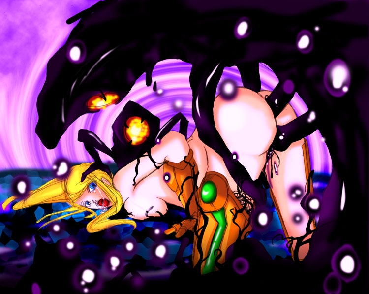 armor blonde_hair blue_eyes breasts double_penetration female human ing_(metroid) long_hair metroid monster nintendo power_suit rape samus_aran tear uncensored vaginal_penetration varia_suit what