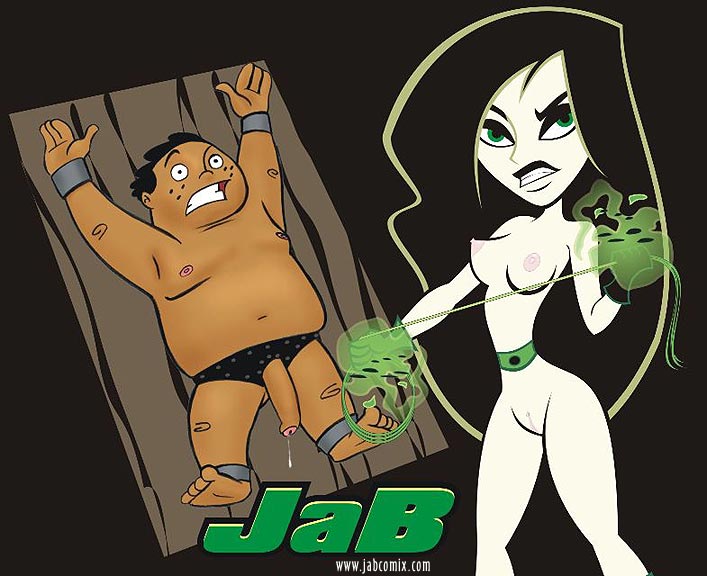 1boy 1girls arms_up bondage dark-skinned_male dark_skin disney female human human_only jab kim_possible male nipples penis shego straight_hair uncensored wade_load