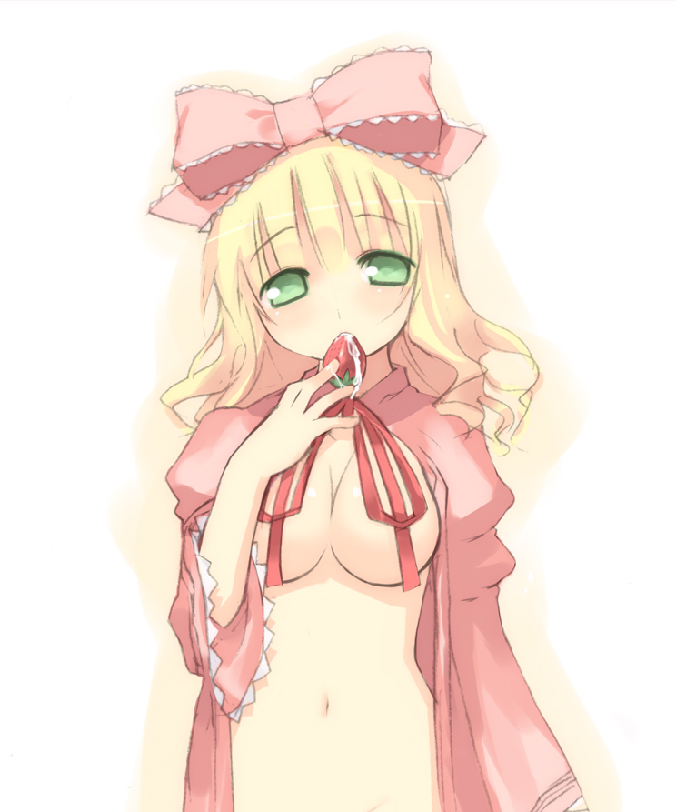 blonde_hair blush bow breasts female female_only food fruit green_eyes hinaichigo holding human kashiwamochi_yomogi mouth_hold navel object_namesake open_clothes open_shirt ribbon rozen_maiden saliva shirt short_hair solo strawberries strawberry