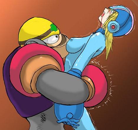 armor bear_hug bearhug beige_skin bleeding blonde_hair blood blush color female green_eyes guts_man hair helmet hugging mega_man mega_man(classic) mega_man_(character) open_mouth pain robot rule_63 sexless side_view tagme tear