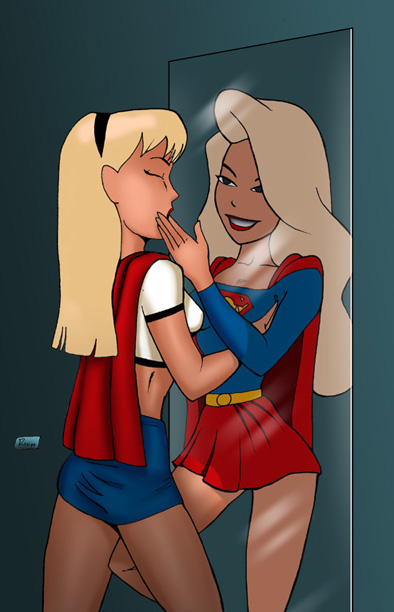 2girls blonde_hair blue_skirt breast_grab dc_comics dcau female female_only kara_zor-el linda_danvers long_hair miravi mirror multiple_girls red_lips red_skirt selfcest supergirl superman:_the_animated_series superman_(series) superwoman yuri