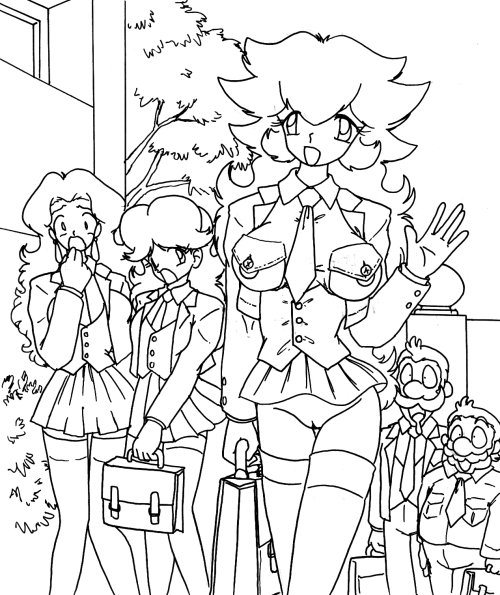 2boys 3girls black_and_white cartoony clothes color drooling earrings empty_(artist) facial_hair female human line_art long_hair luigi male manly mario mario_(series) monochrome mustache nintendo outdoors pauline princess_daisy princess_peach saliva straight_hair vulva