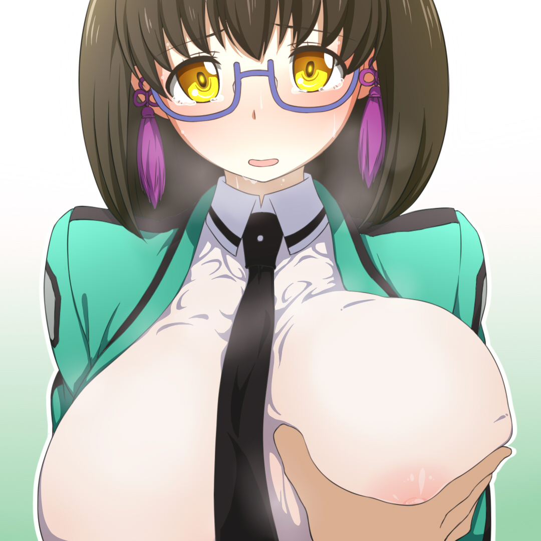blush, breasts, female, glasses, hair ornament, huge breasts, mahouka koukou no rettousei, school uniform, shibata mizuki, tagme, tears, yellow eyes