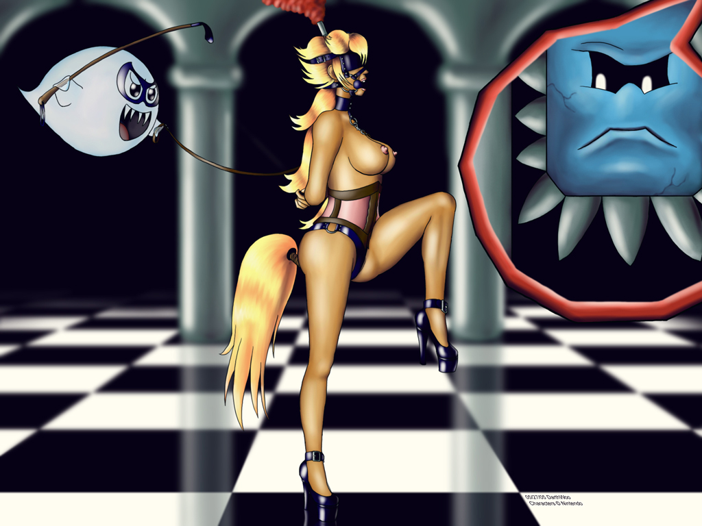 bit_gag blindfold blonde_hair bondage boo_(mario) breasts darthwoo female gag high_heels leash mario_(series) nintendo nipples ponygirl princess_peach riding_crop straight_hair super_mario_bros. tail_plug thwomp