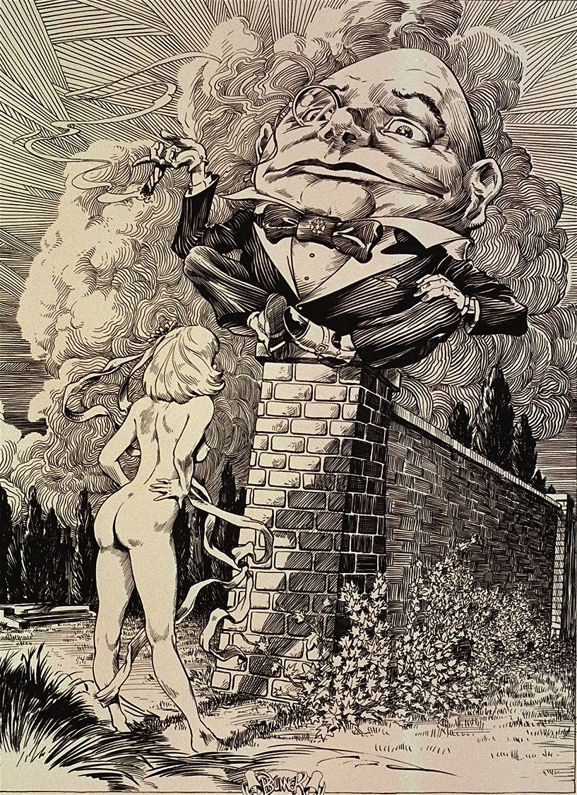 aged_up alice_in_wonderland alice_liddell blonde_hair casual casual_nudity completely_nude female frank_brunner human humpty_dumpty monochrome nipples nude outdoors pale_skin ribbon sepia tagme