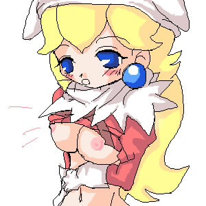 00s 2000s alternate_breast_size artist_request beige_skin blonde_hair blue_eyes blush breasts color cosplay ear_piercing female female_only gloves hair hat human long_hair mario_(series) nintendo nipples open_eyes paper_mario piercing princess_peach round_ears shirt_lift solo straight_hair white_background x-naut