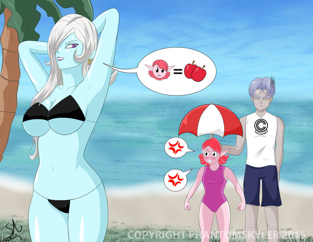 1boy 2girls angry apples beach bikini breasts chronoa demoness dragon_ball dragon_ball_heroes dragon_ball_xenoverse goddess large_breasts male palm_tree swimsuit towa trunks_briefs umbrella underboob