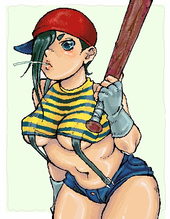 bangs baseball_bat bat_(object) bent_over blush breasts clothing color covered_breasts earthbound female female_only fingerless_gloves green_hair hair_over_eye hat human medium_breasts mother ness perky_breasts plump pose rule_63 skimpy_clothes solo thighs underboob weapon