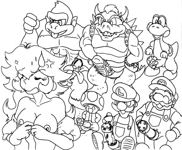 1girls 6+boys 6boys bowser breasts clothing donkey_kong donkey_kong_(series) empty_(artist) female fur group human imminent_gangbang imminent_sex interspecies kong koopa luigi male mammal mario mario_(series) monochrome multiple_boys multiple_males nintendo nude penis primate princess_peach sitting sketch standing straight_hair super_mario_bros. tagme toad_(mario) yoshi