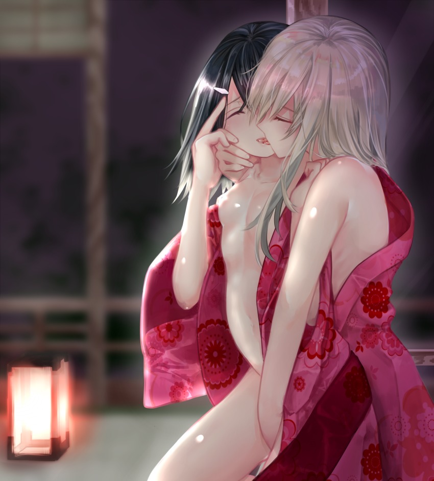 2girls absurdres blurry blush breasts closed_eyes commentary_request depth_of_field fate/kaleid_liner_prisma_illya fate_(series) female female_only floral_print hand_on_another's_face highres illyasviel_von_einzbern japanese_clothes kimono kissing lantern long_hair miyu_edelfelt mono_kuro_(sblack0013) multiple_girls navel night nude open_clothes open_kimono shiny shiny_hair shiny_skin short_hair small_breasts white_hair yuri