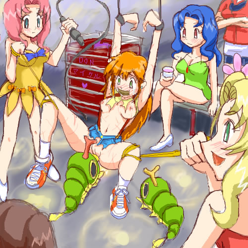 ankle_socks anklehighs areolae arms_up blonde_hair blue_hair blush bondage bound bound_wrists breasts brown_hair caterpie caterpillar daisy_(pokemon) fear_play female femdom femsub gag gagged hairless_pussy happy_rape human humiliation kasumi_(pokemon) legs_held_open lily_(pokemon) medium_breasts multiple_girls nintendo nipples orange_hair pink_hair pokemon pokemon_(species) pokephilia pussy rape red_hair restrained shoes sitting smile socks spread_legs suspenders tape_gag taped_mouth torn_clothes violet_(pokemon) watching whip whip_marks white_socks zoophilia