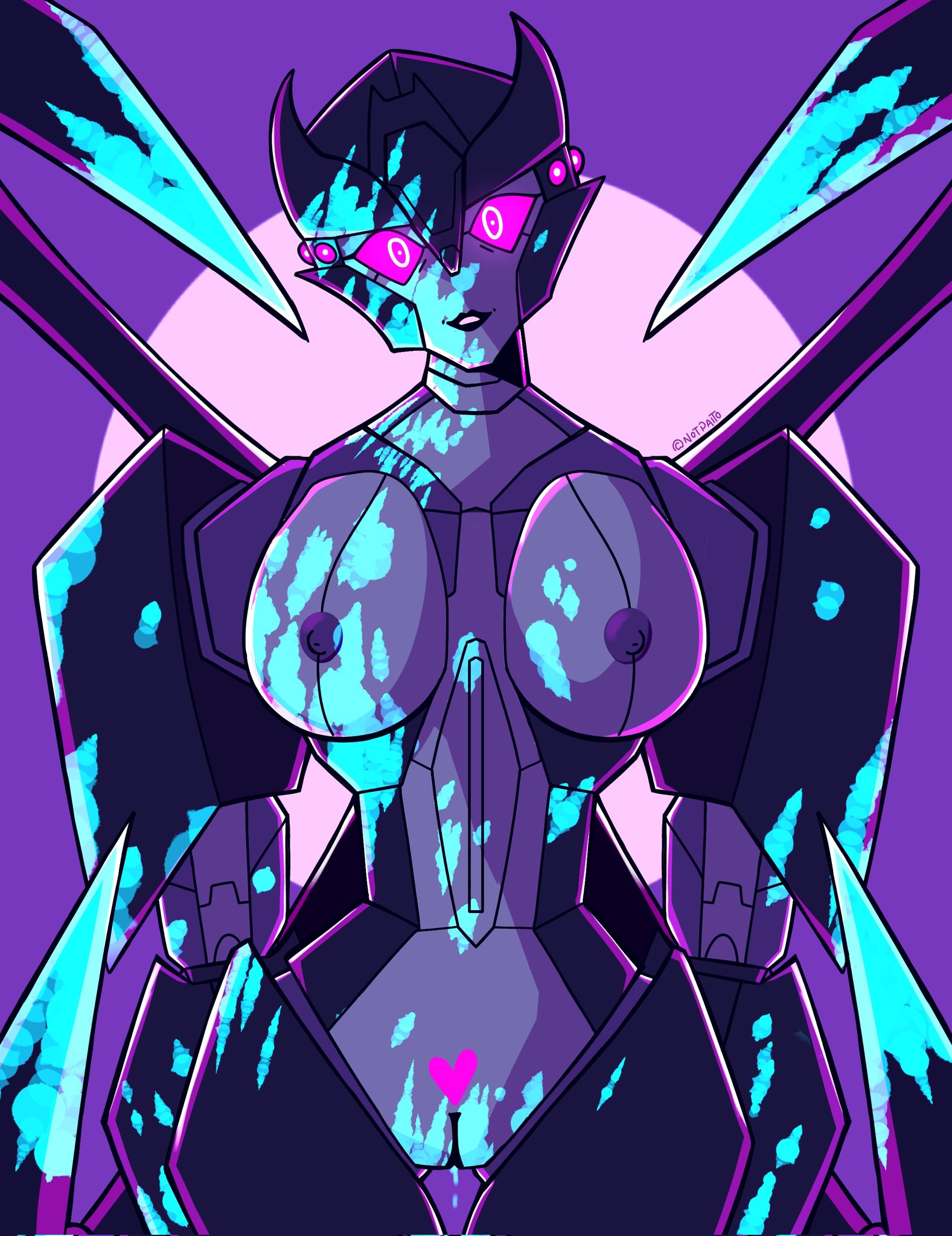airachnid, big breasts, black lipstick, breasts, energon, female, freakyyto, glowing eyes, grey skin, nipples, purple eyes, purple nipples, pussy, robot, robot girl, robot humanoid, slim waist, transformers, transformers one, vagina